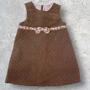 Gymboree 4T Girls Quilted Lined Dress Jumper Brown Pink Leopard Print Bow Zip